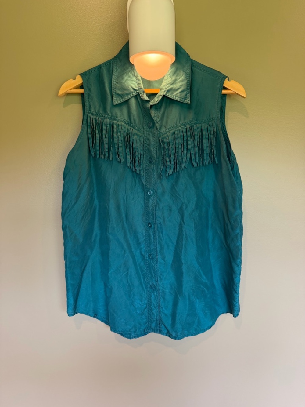 Vintage 100% silk sleeveless Croquet Teal Fringe Button-Front Top size small